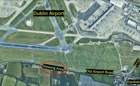 Map showing Dublin Airport with viewing area to the south highlighted.